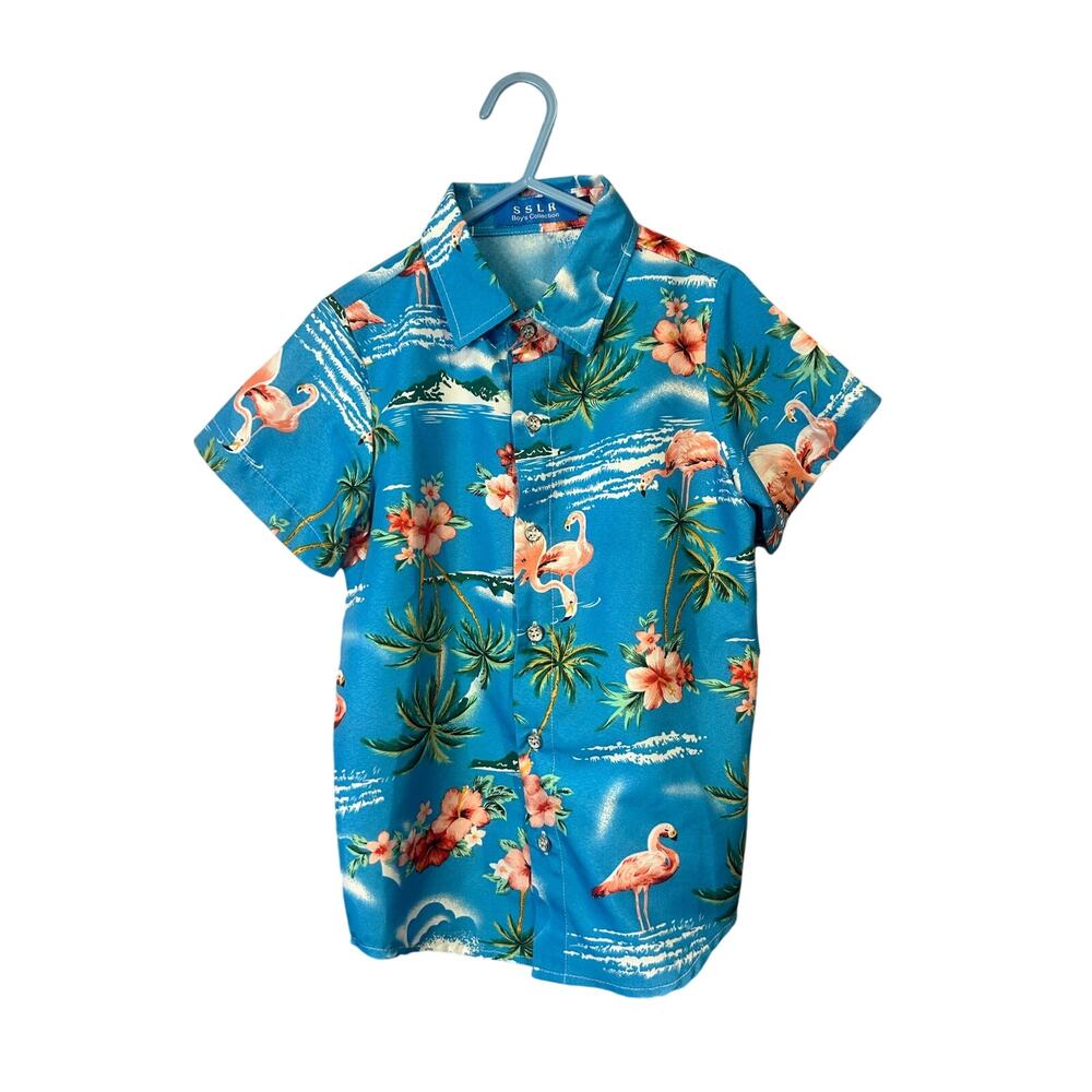 sslr boys collection blue flamingo Hawaiian button down short sleeve shirt XXS